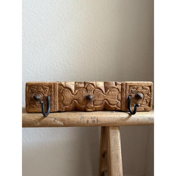 Vintage Carved Wood Wall Rack with 2 Iron Hooks - Picture 1 of 7